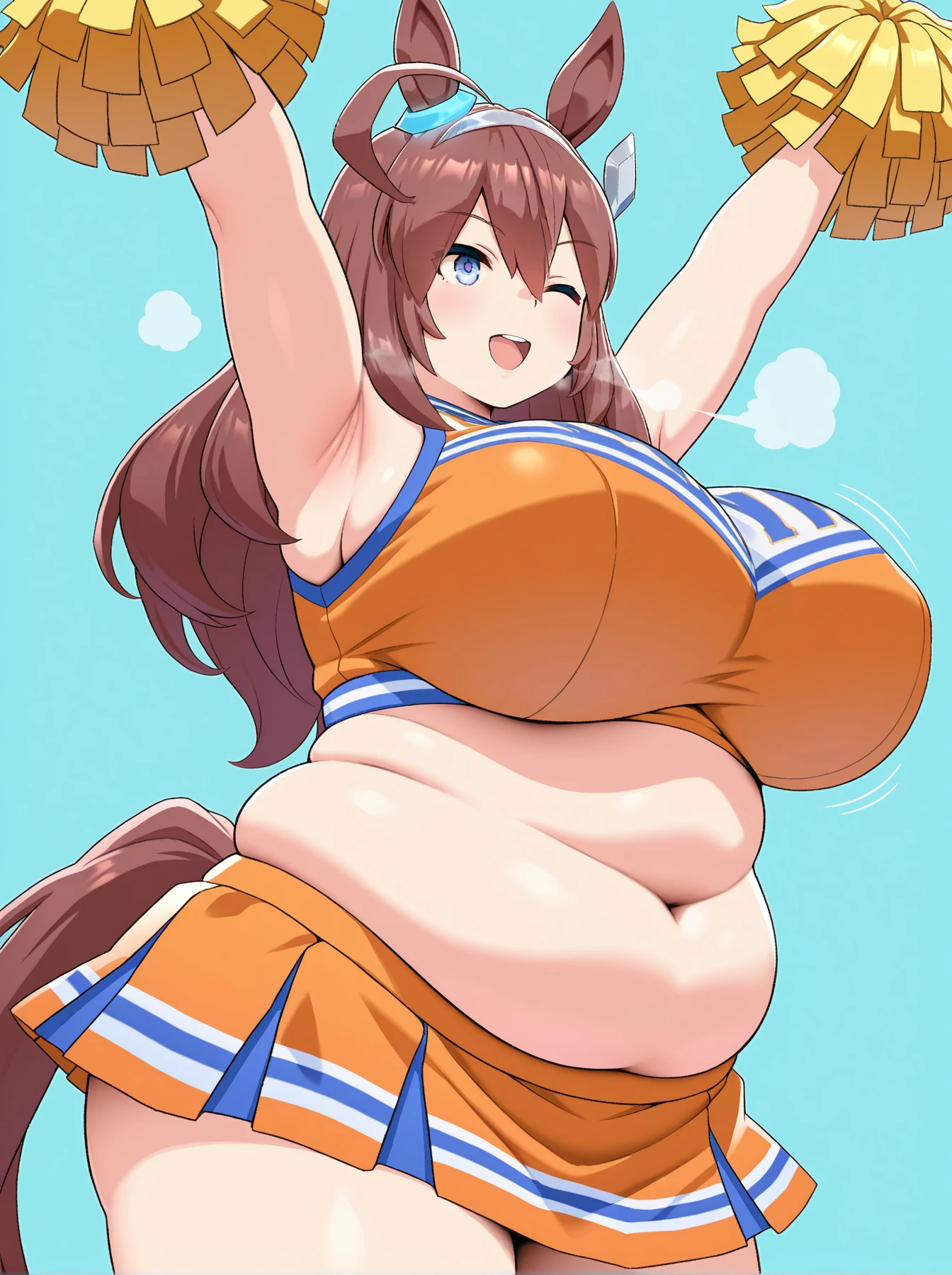 ((Masterpiece)), perfect anatomy, perfect shading, field of depth, (best quality), extremely delicate and beautiful, perfect lighting, detailed face, ultra cute face, cute, (from below 1.2), looking at viewer, full body, (((1girl))), (((solo))), cheerleader, long hair, fluffy hair, brown hair, green eyes, ((blush))), (embarrassed), surprised, (cheerleader uniform), (white tank top 1.2), (short section red skirt 1.2), thigh highs, chocker, extremely tight clothes, large breasts, cleavage, perky breasts, (((wide hips))), ((thick thighs)), ((big butt)), ((plump)), chubby belly, fat rolls, belly hang, she has a jiggly belly, fast food restaurant, intricate background, detailed background, sweaty,