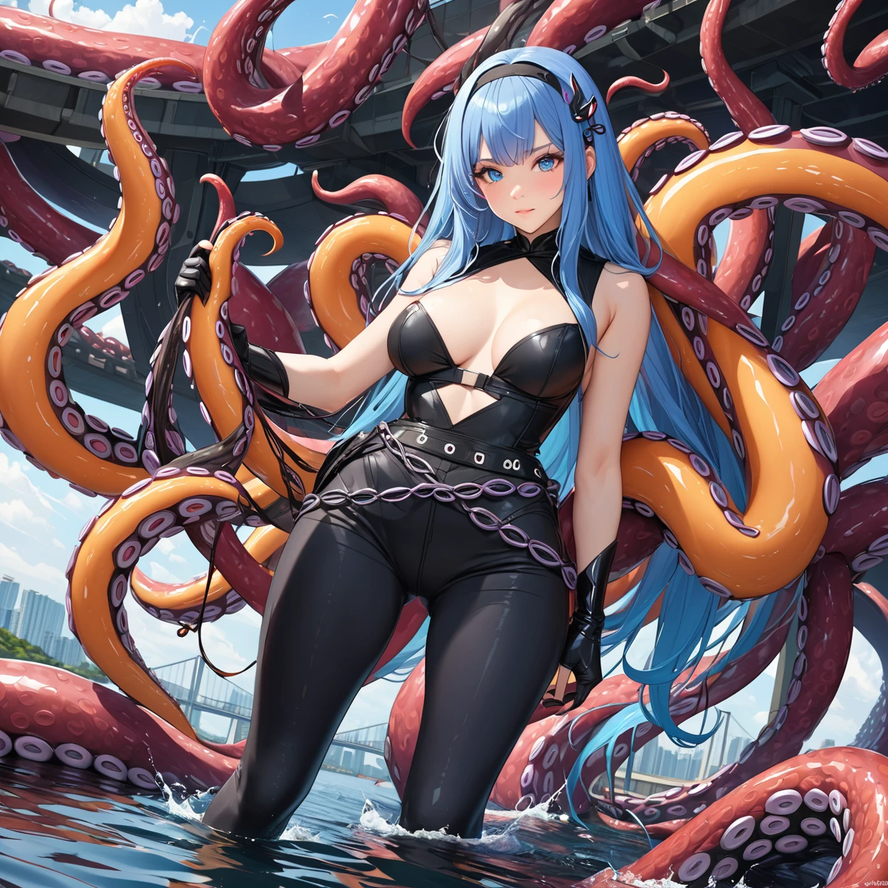 (Ultra-high resolution), (masterpiece), (Attention to detail), (high quality), (最high quality) , th, blue hair, tentacle hair, blue eyes, long hair, hat, bracelet, tentacles, 1 girl, alone, sniper rifle, coastal, Sandy Beach, (Sniper pose),
