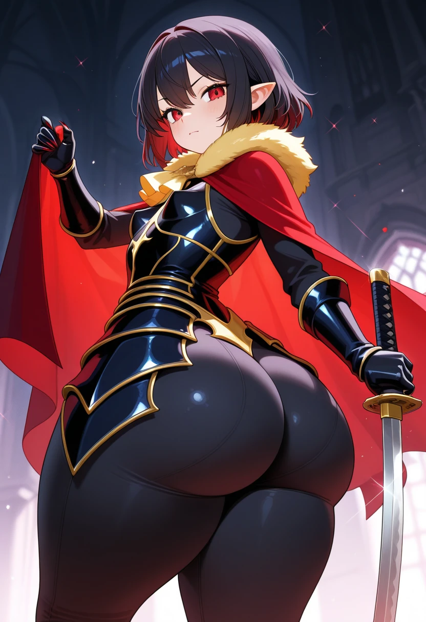 best quality, masterpiece, phAlter, phAltoria, 1girl, solo, dark weapon, dark armored dress, dark sword, looking at viewer, holding dark weapon, dark gauntlets, holding dark sword, hair between eyes, black dress, breastplate, black armor, sidelocks, bangs, french braid, parted lips, puffy sleeves, long sleeves, short hair, (((massive ass, massive breast, big belly))), red eyes