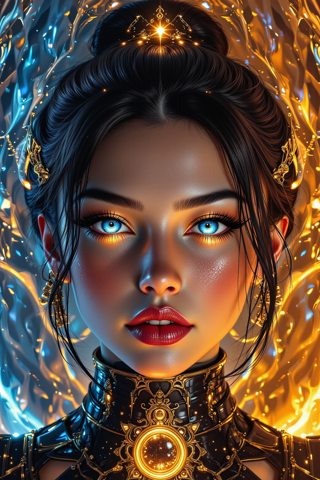 PORTRAIT, only face portrait, macro, aN ANGRY FACE red demon girls next to a black spider portrait, mouth open roaring, scarface red skin with light and glitter, short fire hair with red skulls on hair, shiny and lightening eyes with one eye closed, cosmos eyes, next to a black spider, highly detailed fur (vectorized) yellow lightening eyes, detailed skin, image is compelling with dynamic composition and dark posing. Include many fantasy details such as bumps, phantasmal iridescence, glitter, galaxy, cosmos, fire, ((dark celestialskin hell body, void cosmic body)), (((dark background))), (((lights off))), (((hollywood dark))), horror, dramatic shadows, (in a dark fantasy space:1.3, glitter, sparkle, gleam) vector digital illustration, (black background:1.5)sharp