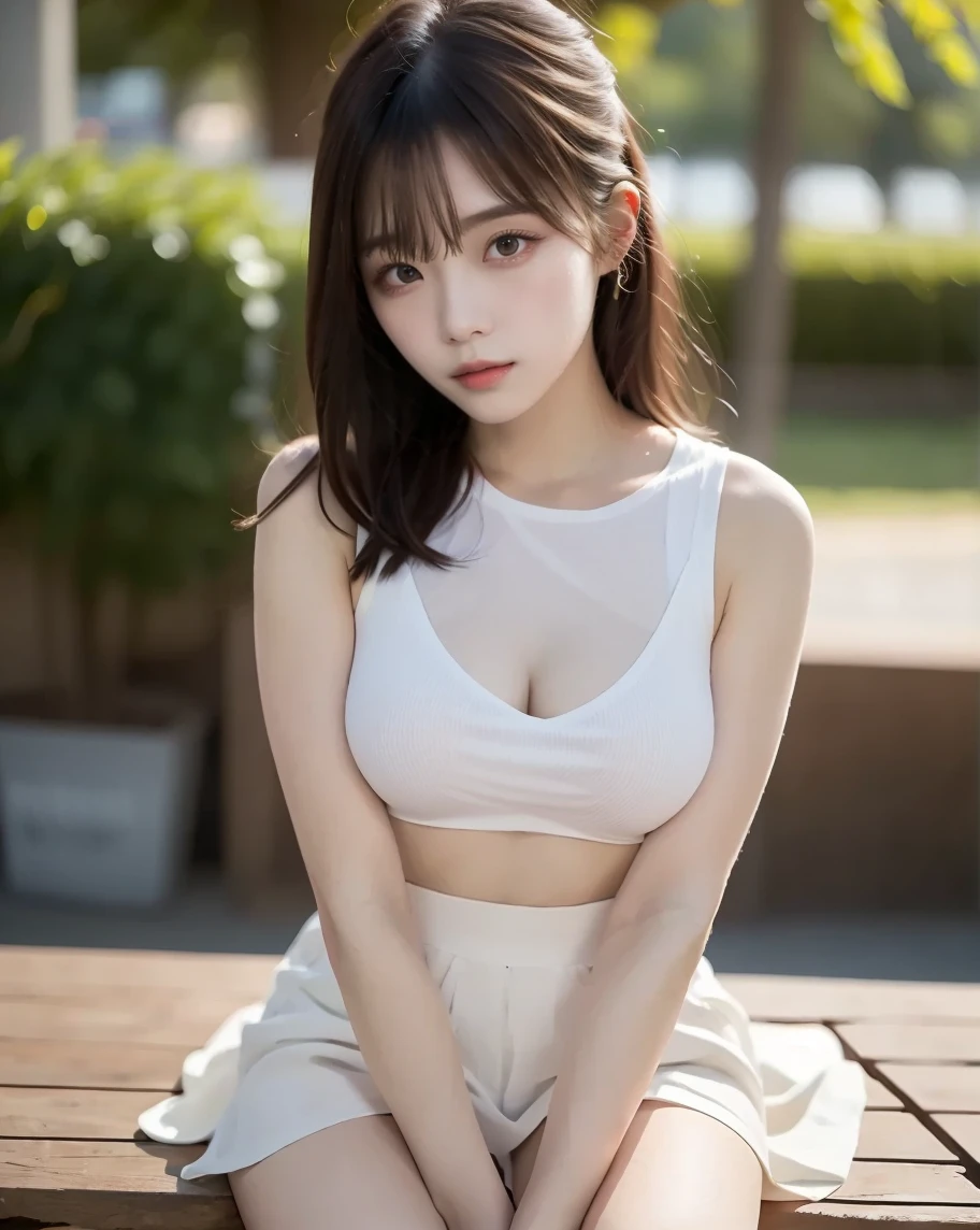 8K,highest quality,masterpiece,One girl,On a park bench,White tank top,mini skirt,She is sitting on a bench with her legs spread wide and her skirt lifted to show her panties to the viewer.,Big Breasts,Sexy expression