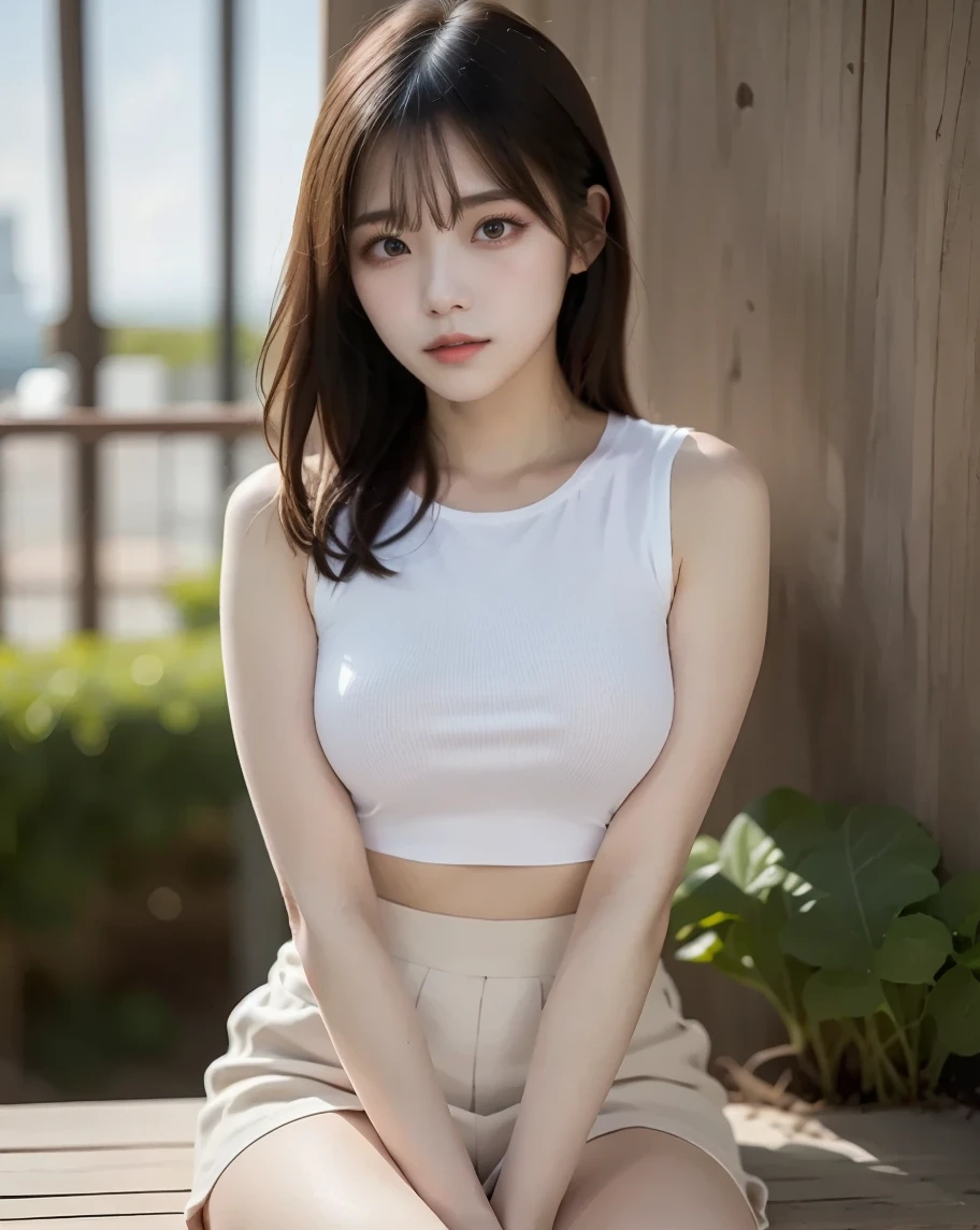 masterpiece、Flat Color、Depth of written boundary、Lens Flare 1 Girl、Brown Hair、Staring at the audience、Big Breasts、 Armpit sweat sweating Sides of both hands wall: sight mini skirt
