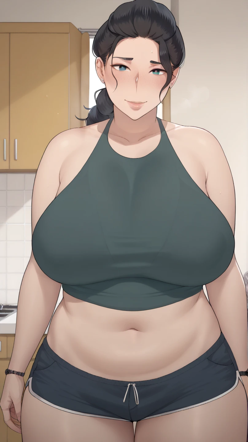 masterpiece, absurdres , (intricate details), (colorful),cinematic lighting,bust shot,extremely detailed CG unity 8k wallpaper ,hinata\(boruto\), 1girl, solo,mature female, arm up, looking at viewer, sports bra, locker room,cowboy shot, chubby belly, chubby, curvy. gained weight, fat, cleavage. overweight, squishy. fatness.