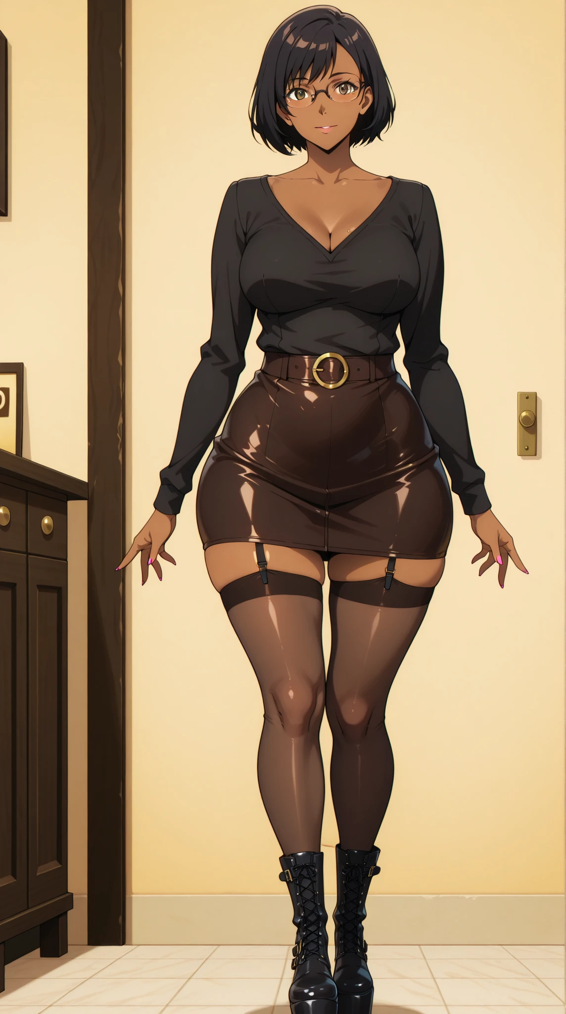 A busty hijabi girl, of Arabic ethnicity, brown skin, Muslim, mature woman, secretary, wearing a black jacket, red open shirt, black mini skirt, fishnet bodysuit, black high heel, silk headscarf, natural breasts, nice rounded ass, cleavage, sexy, thick hips, beautiful feet, smiling at the viewer, top view, in a corporate environment, taking a picture in reunion room.