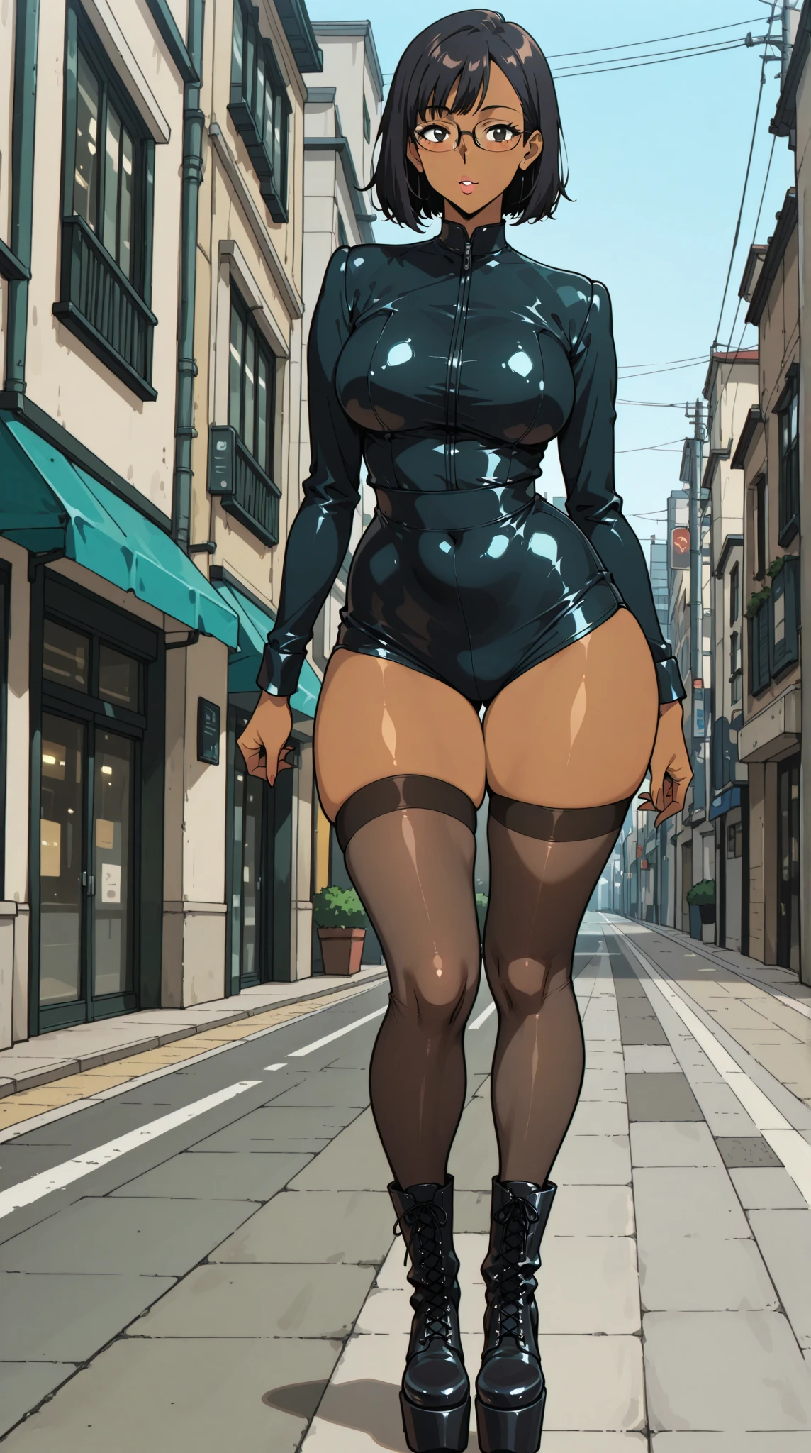 (Masterpiece, best quality, intricate details, 1sologirl) iron collar, arms behind back, iron cuffs, shackles, bound ((standing by wooden pole:1.2)) ((female Black Dark skin Gyaru)) show entire body frontal position, feet in view, realistic, gorgeous 16y.o. darkest skinned mixed race female, black African, barefoot no shoes, looking to viewer straight symmetrical, solo girl looking to the camera, cow bell choker leather collar choker neck bell, metal sandals, black and white bikini (cow pattern) black thigh highs