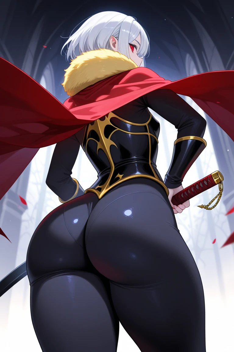 masterpiece, best quality, full body, 1solo full body female lysitheauniform uniform, hands on hips full body, whole body. long sleeves, from above far shot, showing ass, black background, golden armor, black collar, pauldrons, breastplate, corset