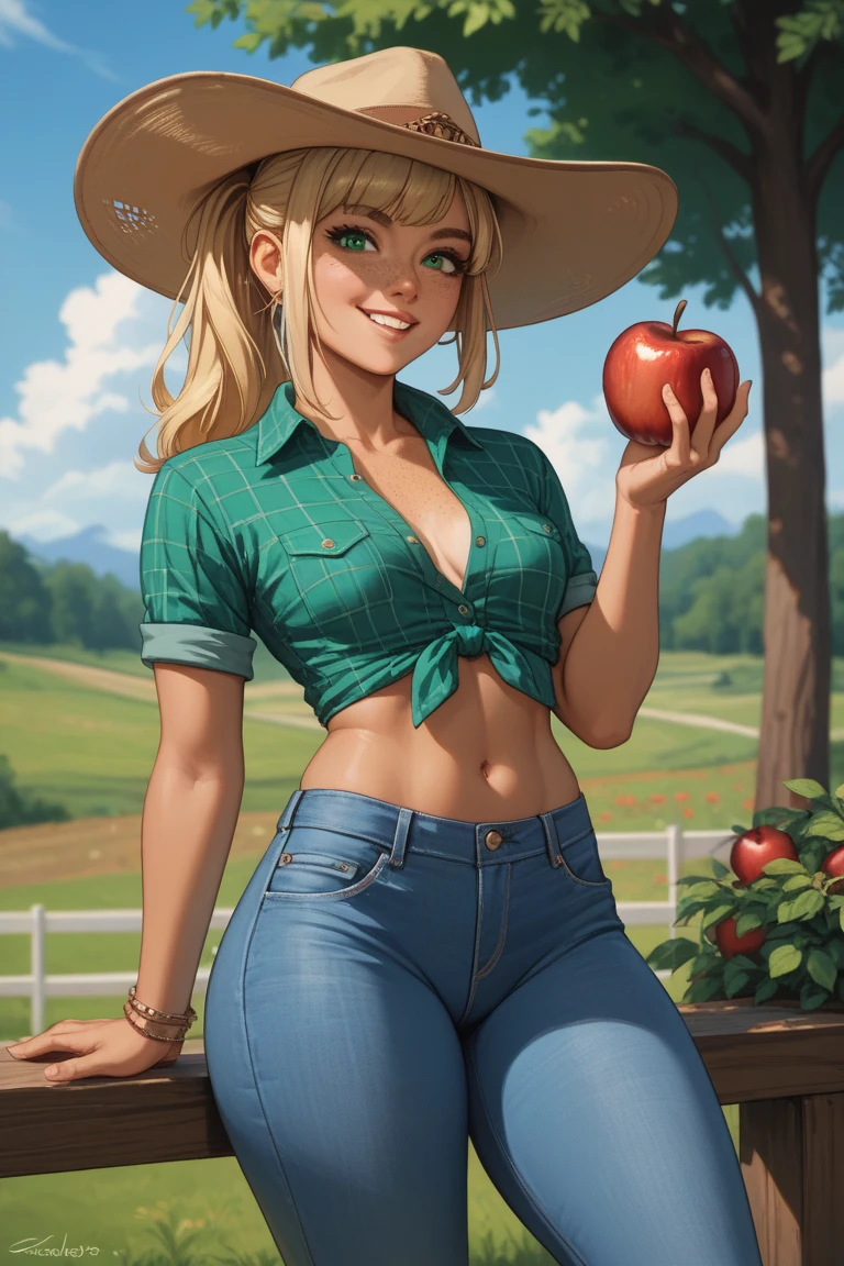 award winning glamour photo of apple jack in the apple farm, (wearing daisy dukes, franela shirt, cowboy hat, cowboy boots, toned physique) Detailed_and_Intricate, by Artgerm|Albert Lynch, full body, beautiful, focus on face, high quality,