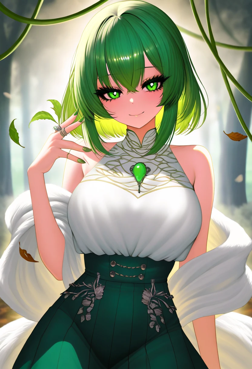 A captivating female with vibrant green hair and fascinating anime-inspired features. The topic is confidently pristine, Her lush tide-green dress with plunging neckline, a turtleneck and delicate emerald accents  , creating an enchanting world of shades The intricate details and enigmatic character cartoon fashion watercolor high socks green tones 
