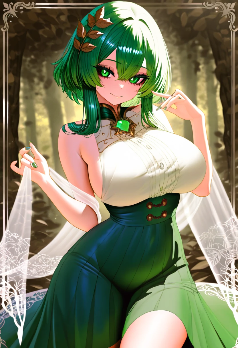 ((Masterpiece)), (Best Quality), ((Super Detail)), Illustration, ((Very Delicate and Beautiful)), ((solo)), Dynamic Angle, Looking at viewer, anime moe artstyle, (enigmatic and cunning), ((Crimson red eyes)), ((Deep evergreen forest green hair)), (bob cut hair), ((Twin pitch black demon horns)), (otherworldly), exceptionally beautiful, ((plump)), big breasts, (curvy), ((voluptuous)), (ethereal spirit), ((velvet green dress), (flowing ruffled dress), (Dress with blazing red trim), (gorgeous intricate Blue necklace jewelry), (predatory smile), (high quality), volumetric lighting, ((spiritual plane)), ((((ethereal background))))