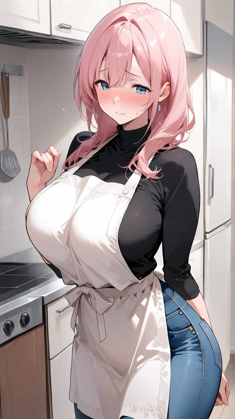 A beautiful woman with large elegant, hawk-like-nose, who embodies old fashioned class, sophistication, elgance as well as wholesome, natural beauty. curvy, thin-waist, wide-hips, swaying-hips. In the combined styles of painters Greg Rutkowski, Thomas Kinkade solo, dark skin, sidebob, pink hair, large breasts, thick thighs, put one's legs together:1.2 sexual girl,((upper body)) wearing a dress and an apron, cooking dinner
