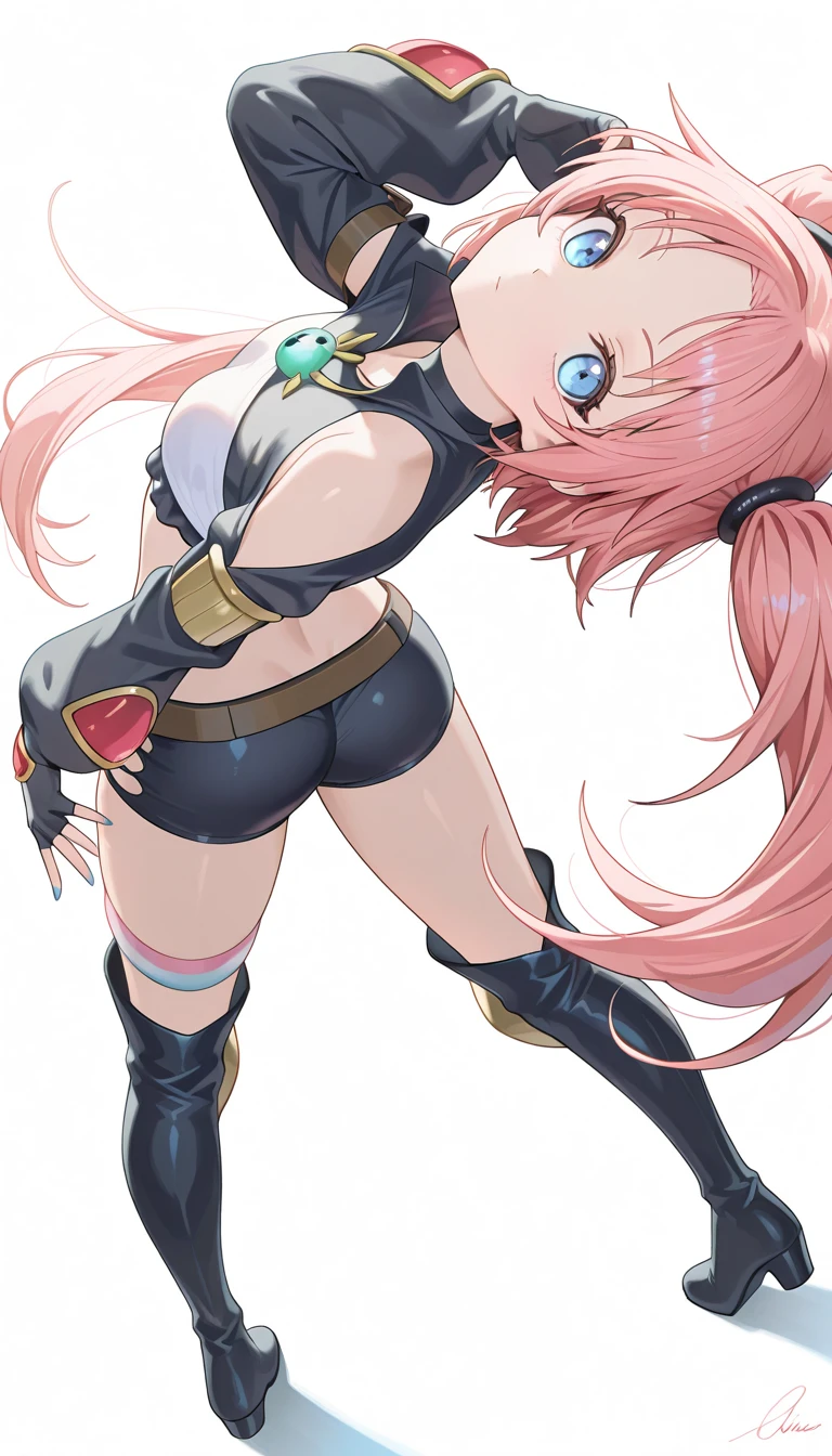 A girl with pink hair and black boots stands in front of a white background。High cut split swimsuit,,{{1 person}},The hairpin is a big gear, floating in the sky,anime goddess, Pink ponytail hair and cyan eyes, Humanoid pink squid girl, Be round, Anime cute art style, Best Anime Character Design, anime monster girl, High quality anime art style, anime girl named lucy, kirokaze pixel art