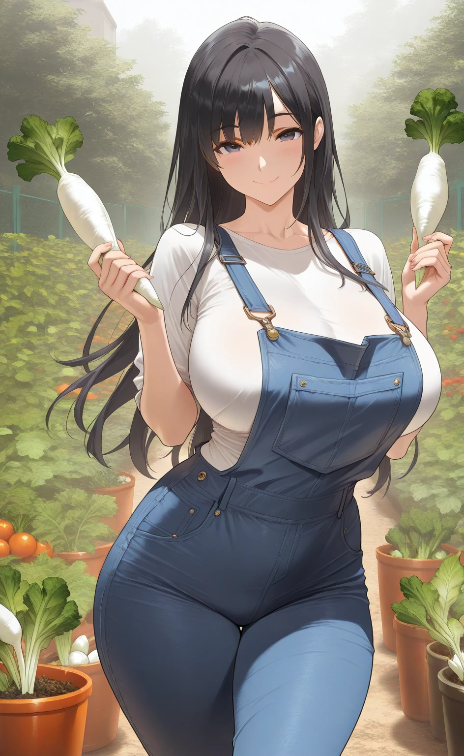(masterpiece: 1.2), (best quality: 1.2) 1woman, elf woman, milf, mature, tall 1.80cm, age around 28 years old, black hair, straight hair, long hair, tied hair in samurai bun, light green eyes, ultra realistic eyes, well aligned eyes, eyes proportional to your body, perfect eyes, long eyelashes, anime style, slightly pointed ears, perfect face, extremely feminine face, detailed face, ultra realistic face, full lips, smile, happy smile, mature, above average breasts, perky bust, fair skin, six pack abs, muscular abs, six pack abs, natural body, sexy body, wearing farmer overalls, farm style overalls, hands behind the back, wide hips, big ass, looking at the viewer, farm environment, in the background a tomato farm, sun on the body, standing with not one, but her.