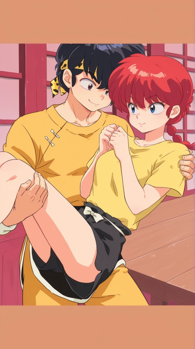 Ranma21, a girl, red hair, braid, red shirt, chinese clothes, shirt, short sleeves, pants, high-waist pants, single braid, long hair, braided ponytail, black pants, kneeling, doggystyle sex, on all fours, room