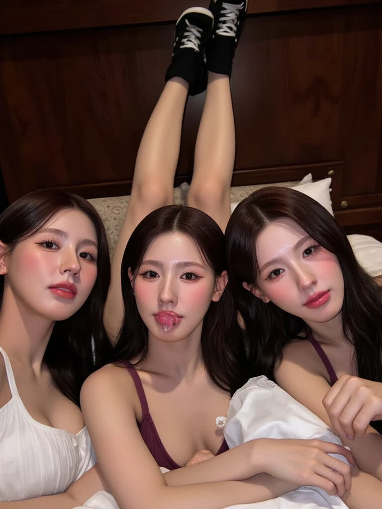 masterpiece, Highest quality, fellatio POV，(3 girls、Cooperation blowjob)）, Silver necklace、Bedroom,, (penis)、topless