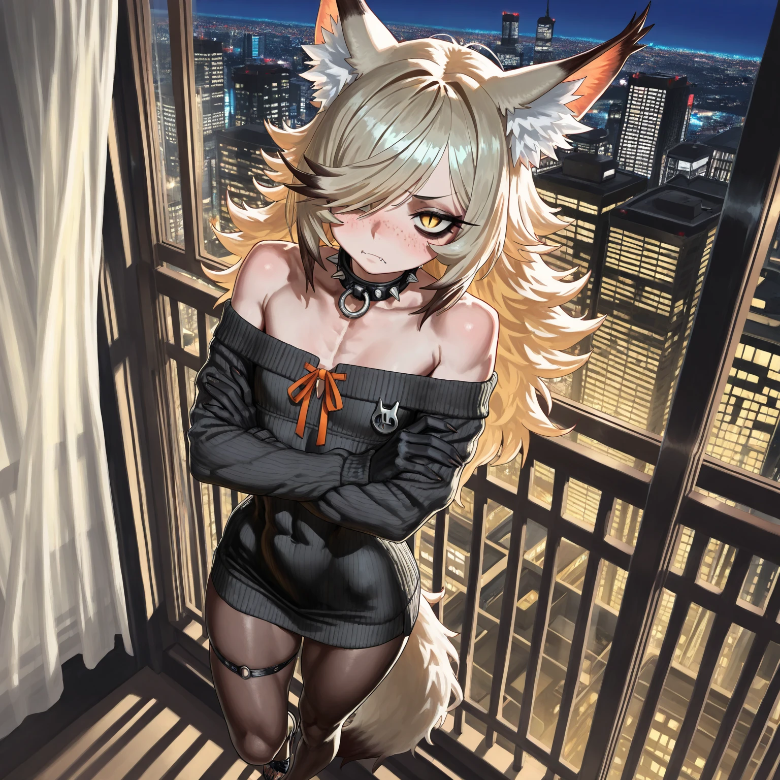 Age 30 years woman, Long blonde hair with pin doll, Wearing left eye patch, wearing a black red white bodysuit, high heels, red eyes, sitting on a Park bench, view of the high tower Behind, sad, best quality, masterpiece, HD, Full Body, beautiful face