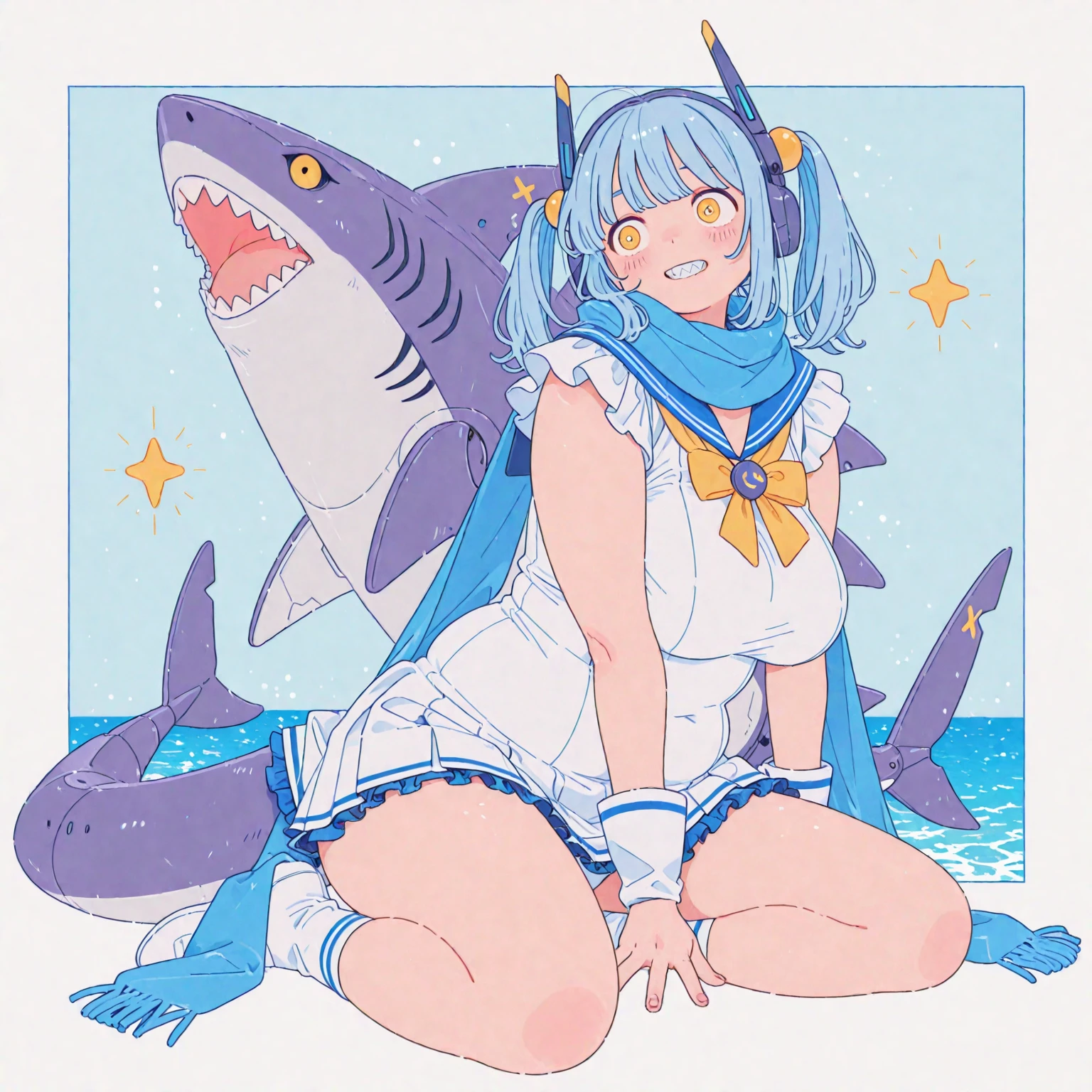 A shark humanoid (age 10, very human face an torso, shark lower body, sea star bra, dark eyes, deep blue hair, shark fin on back, over sized mouth with razor teeth) seen from the side, she is disinterested in the viewer, she is hungrily eating a fish, colorful reef

