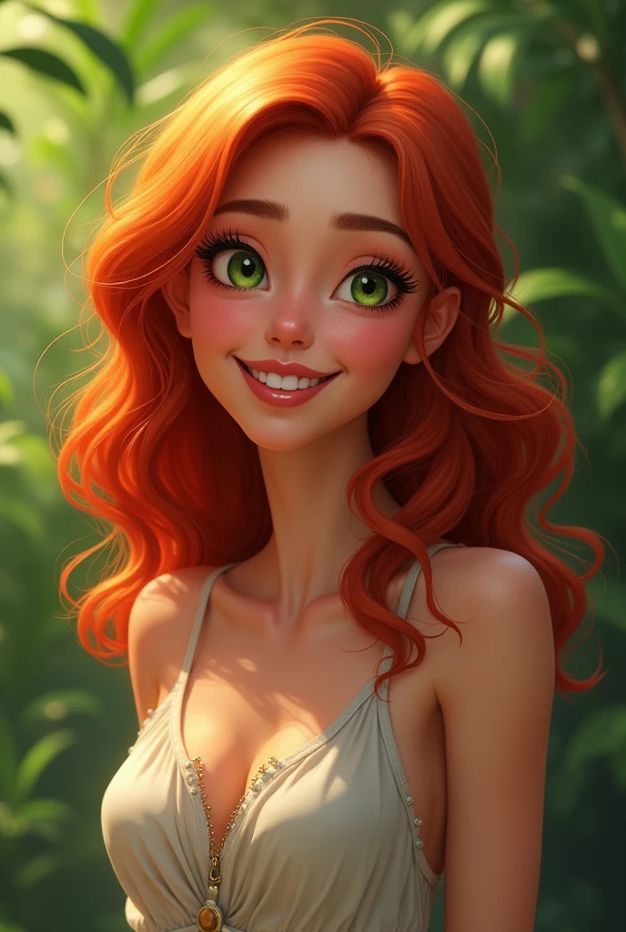 Disney Pixar animation , sharp eyes focus , redhead, athletic body, alone, ((woman in flowing gown )), (((ultra realistic detailed eyes))), intricate eye details, Big eyes, cute smile, sweaty , model shoot pose, ultra skin texture, ((ultra skin details)), skin imperfections, intricate details, ( in forest ), short messy hair,