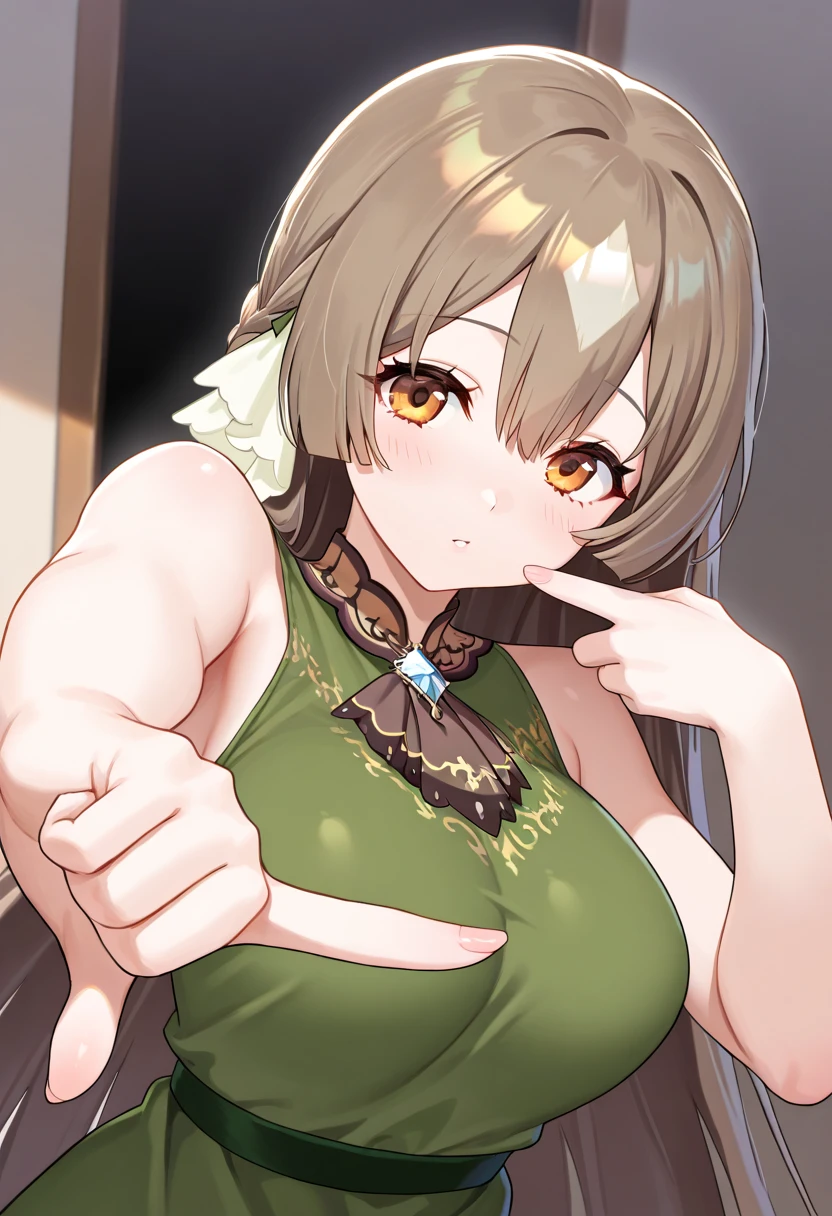 nsfw, torn cloth, torn bra, small breast, small nipples, torn skirt, {{love live!}},{{masterpiece}}, {highly detailed}, ,(masterpiece, best quality:1.2), upper body, MichishioKC, {{from below}}, angry, shouting, school uniform, pinafore dress, green ribbon, looking at viewer, long sleeve,Michishio_KC,fire on background, on the sea