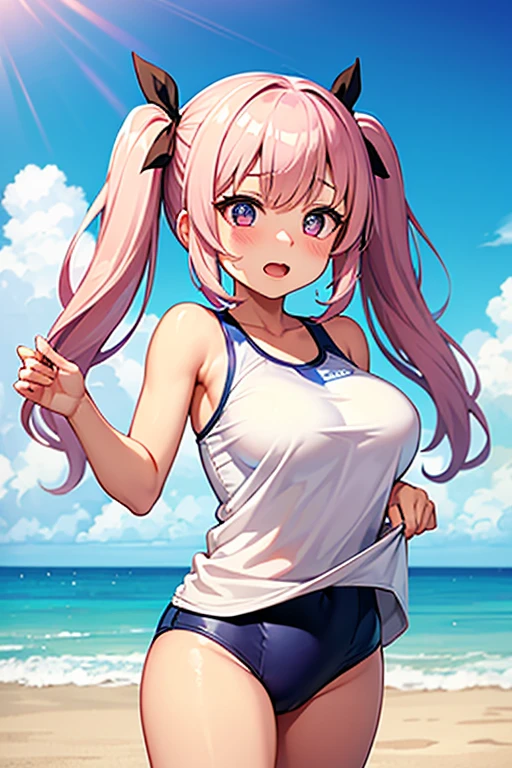 masterpiece、highest quality、High resolution、Game Girls、solo、Pink Hair、Purple Eyes、Long braids、Hair Ribbon、Hair Ribbon、necklace、Sports Bra、sports-bra with an pink、Big Breasts、girl with big breasts、belly button、belt、skirt、pantyhose、pantyhose with an black、Cowboy Shot、View Viewer、Happy、Eyes Wide Open、smile、Open your mouth、Outdoor、(female body:1.3)、perfect hands、perfect arms、
