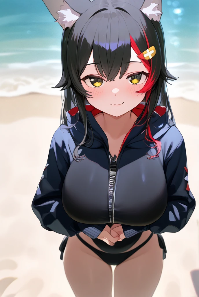 1girl, solo, beach, red towel, floral print, sitting, from above, smile, miobeach, very long hair, hair ornament, bikini, front-tie top, white shorts, black jacket, open jacket, wolf tail, mature female, milf, tall, curvy<lora:ookami_mio_6_outfits:1>