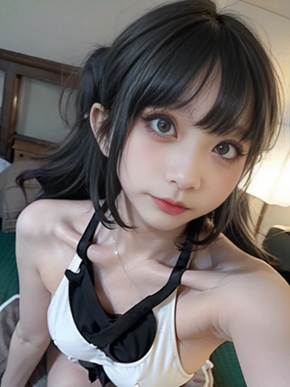 13 years old cute sexy little beautiful face、In front of your pretty face、Her bright black hair sways、Very beautiful straight silky hair,Short Twin Tails, Silky bangs that cover the eyes、Bright and beautiful pale eyes、Sexy and cute girl with bright black hair、Bright expression、Pure white skin、oily shiny cheeks、cheek、Small Face Beauty、(naked:1.5)、
Seraphim ,bikini