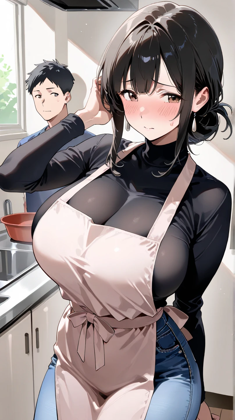 1 girl,((girl being hugged by an old man:1.4)),Black tight suit,blush,serious face,blue eyes,Sweat,black hair,very short hair,big breasts,No sideburns,