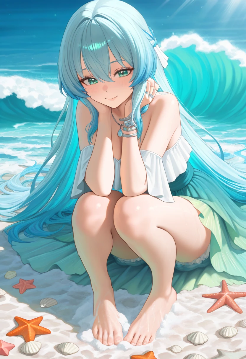 (Sky blue hair),(Braided hair tied together)、Pink eyes、Fair skin、(whole body)、(One Girl)、bikini、Shining white sand beach in midsummer、Okinawa&#39;s ocean、A happy smile、、(masterpiece、Highest quality、Very detailed、Best Shadow)、(Detailed Background)、(Beautifully detailed face)、High contrast、(Best lighting、Very delicate and beautiful)、((Cinematic Light))、colorful、Hyper Detail、Dramatic Light、Exquisite detail、Jumping and having fun