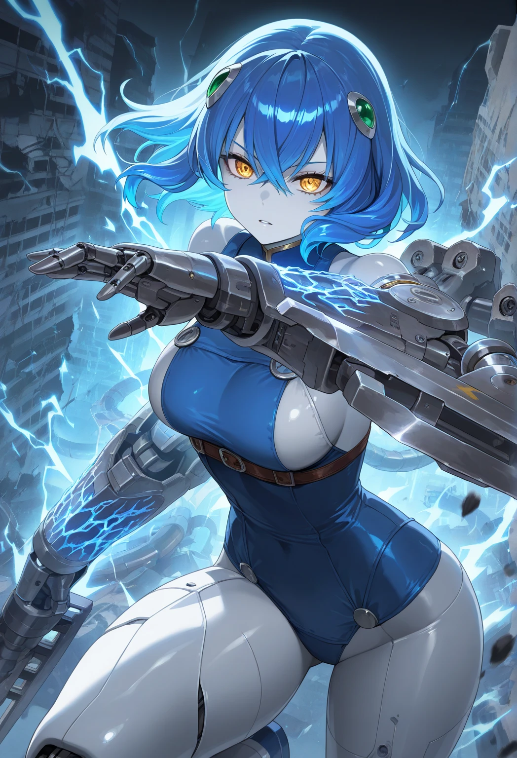 1girl,solo,super detailed skin,shiny skin,wet oily skin, natural smile,eyelashes,blue hair,double bun,large breasts,holding mechanical huge gun,unique and complex clothes ,fantasy landscape,masterpiece,best quality,ultra detailed,high resolution,sharp focus,depth of field
