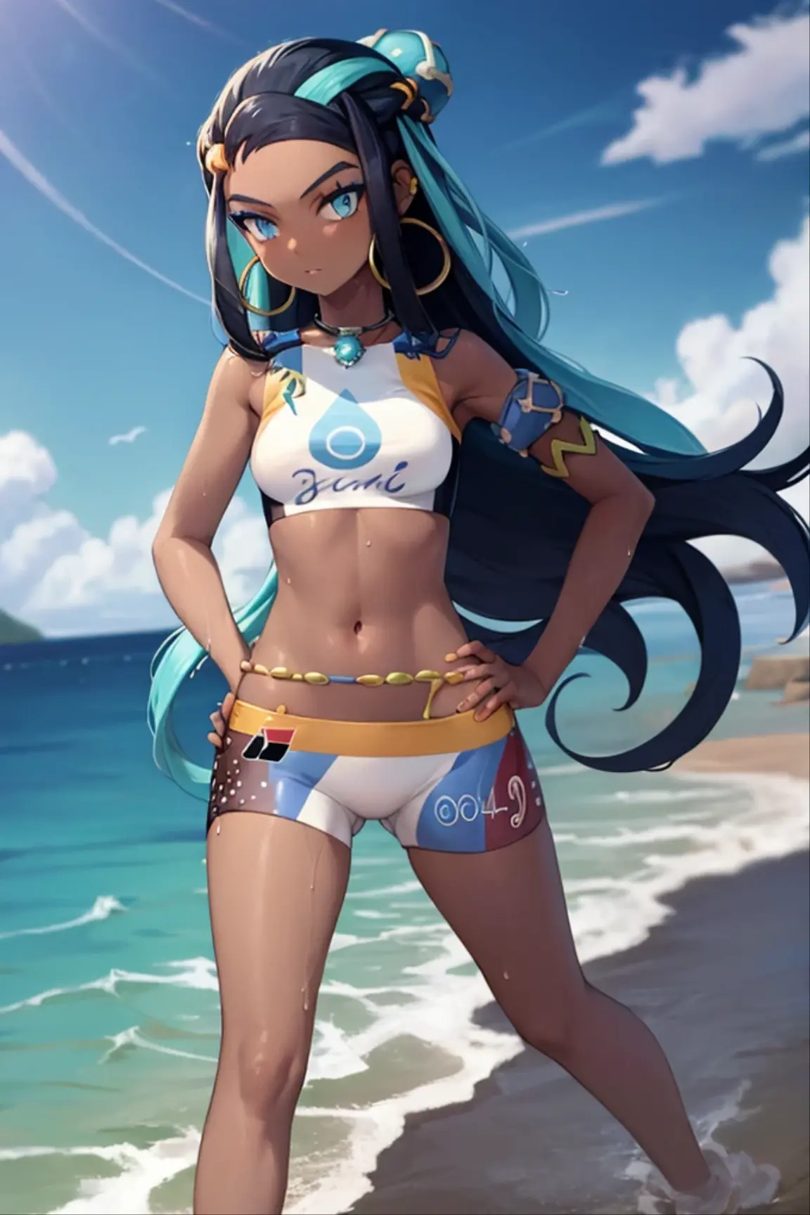 masterpiece, best quality, highly detailed, (Detailed face:1.2), (Detailed eyes:1.2), 1girl, solo, (nessa_pokemon:1.3), dark-skinned female, dark skin, blue eyes, aqua eyes, long hair, black hair, blue hair, aqua hair, multicolored hair, two-tone hair, hair bun, single hair bun, eyeshadow, slim feminine figure, arrogant smile, shorts, crop top, tankini, belly chain, single glove, midriff, sandals, , Hand lifting one leg, Detailed legs, flexible, (Standing on one leg:1.2), (standing split:1.3), Hand lifting one leg, stretching, posing, cowboy shot, cinematic composition, (Background: outdoors, day time, beach town, view of the ocean)