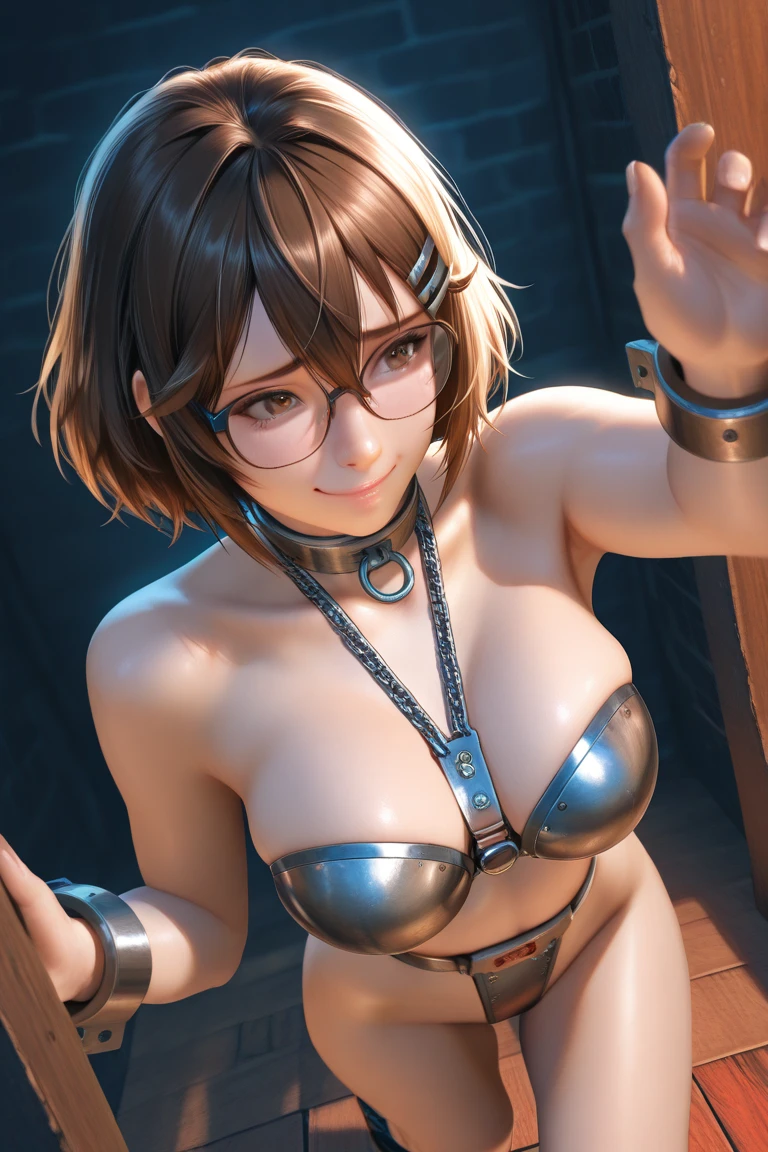 masterpiece, supreme quality, high resolution, (1 very cute girl), (brown super short hair), (big green droppy eyes), beautiful breasts, cleavage, nude, black choker, black knee stockings, (sensual:1.3), (nsfw:1.2), armpits, spread arms, stretch left arm, stretch right arm, (show her palms:1.1), (her limb bound to a wooden cross:1.3), dark room, empty eyes, (crucifiction)