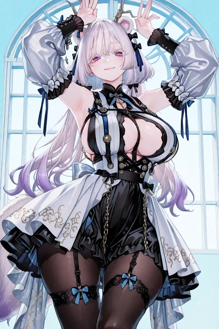 Ultra-realistic 8k CG, beautiful girl with white hair, blue eyes, open mouth, puffy, plump body, nun bandana, corset nun gown, fleshy thighs, white patterned stockings, high heels, full body, looking at the audience, symmetrical, charming, complex, sexy, elegant, hands interlocked,