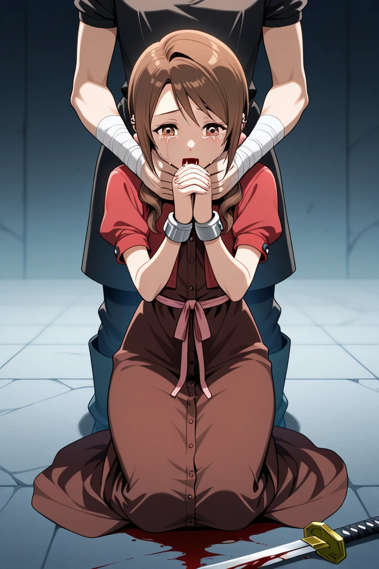 ((1 girl)), ((sitting on chair)), ((rope bondage)), ((arms behind back)), ((fully bound)), (restrained tightly), ((helpless)), (Red dress, tights socks), ((blushing))
