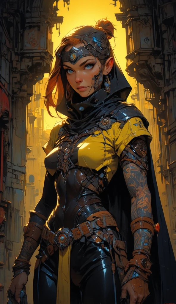 (((mulher))), (((melhor qualidade))), (((obra prima))), (((adulto))), laranja, A 30-year-old gladiator woman with an athletic body, (((sozinho))), (((1girl))) , Gladiadores do Brooklyn, quase nua no estilo selvagem urbano de Simon Bisley para a capa da revista Heavy Metal, cabelos pretos com ponytail, Minimum clothing, wavy pattern with orange and black katakanas, armadura, cheio de pontas e rebites, (((do joelho pra cima))), cabelo bob haircut preto