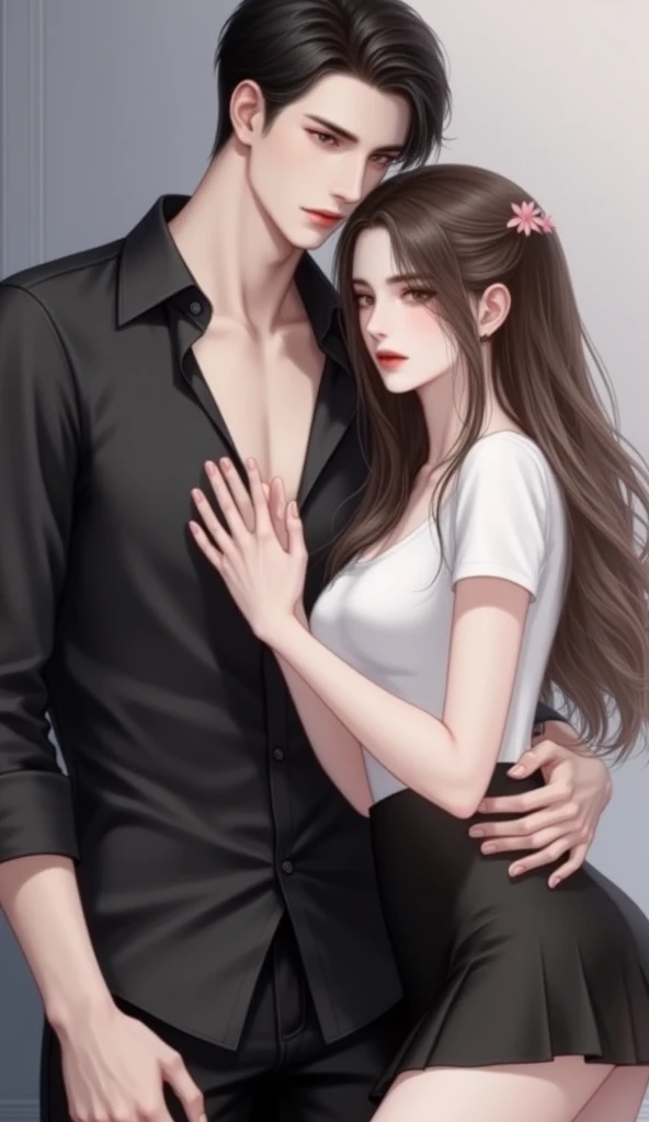 masterpiece, High Quality, super detailed, beautiful images, clear image, realistic, RAW photo, perfect face, perfect body, perfect lines, perfect eyes, soft lighting)  Illustration, Beautiful detailed eyes, close up, There is a ((woman and a man adult married)) on the bed, she is sitting on his lap. The woman has long and wavy brown hair, green eyes, freckles, has a feminine and curvy body, white skin ((big breasts)) and her body naked, and blushing face, a sweet expression. The man has a ((slender body, blue eyes,))(( a black hair)), ((white skin)), and is wearing a black underwear masculine. ((the husband are kissing lovingly his wife on the lips)) The man with his hands holding her waist, and the woman has her hands on his chest. Couple hot kiss、romance、couple looking at each other、couple hugging each other

