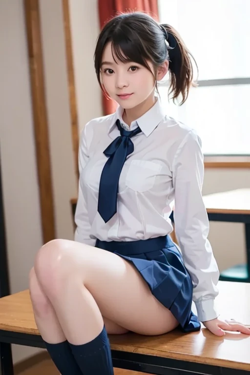 Very detailed 8k wallpaper)、foco nítido、In detail、drama、Delicate and beautiful schoolgirl、15yo student、Sheer white shirt、neck tie、Dark blue pleated micro mini、ligh brown hair、Smooth pigtails、sexy、a smile、Peek at the viewer、Beautiful graphics、Bright school building、Full of students、Show me your whole body、sitted、Lewd underwear