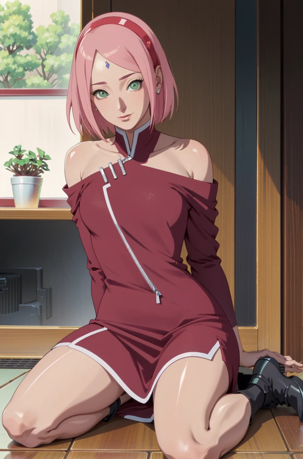 Masterpiece, stunning realistic, best quality,sakura haruno,sitting on a table in a school,hands on table,school uniform,closeup,only upperbody,front view ,pink hair,green eyes,forehead mark,big breasts,breasts fall out,green eyes,red hairband,forehead mark,Sitting on the toilet,Ass Focus,(Sitting on the toilet),Ass wet and oiled