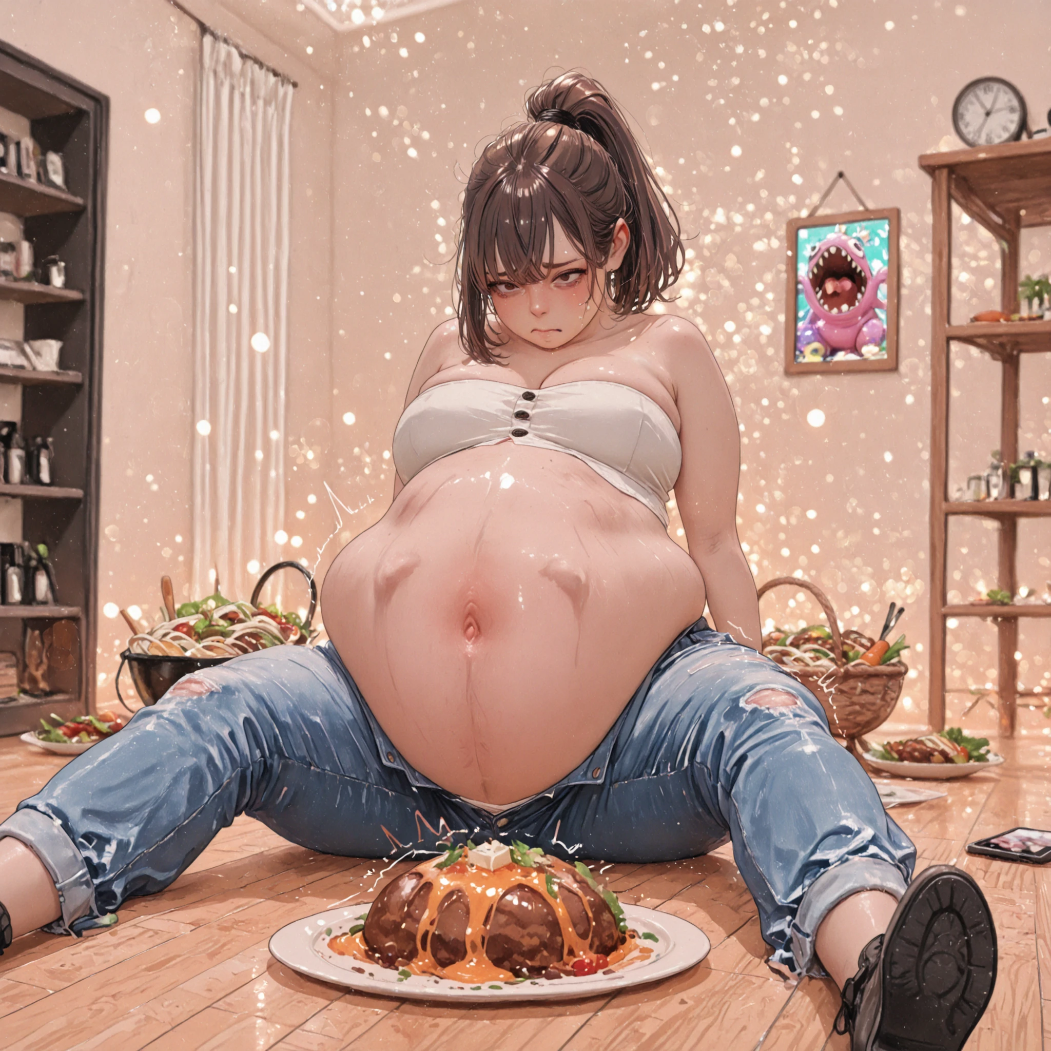 High Quality,4K resolution,extreme detail,photographic reality,Professional,bright colors,bokeh effect,,gross trashy girl, , tube top, unbuttoned white skinny jeans, too much make up ,dark brown ponytail, disgusted Expression, (bloated belly) (big full belly), ,sitting on the floor, m shaped legs lots of half eaten plates of food on floor, ,realistic texture,Realistic Dora
