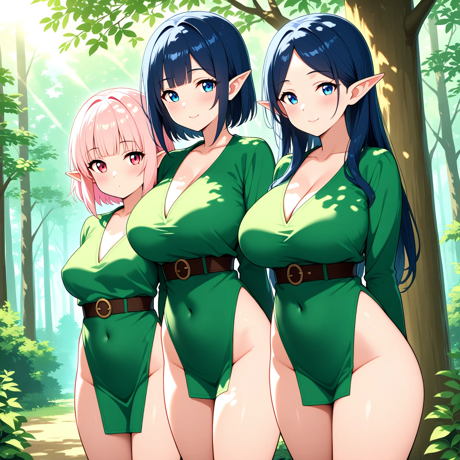 3girls, 1boy , , penis between the breasts breasts squeezed together, triple paizuri, docking, sweat, pubic hair, nipples, naked a mother elf and her cute two little daughters, elf titfuck training, assist sweat, comedy , , , long penis , different body sizes, the mature milf elf mother teaching her cute little daughter to how to titfuck perfectly
