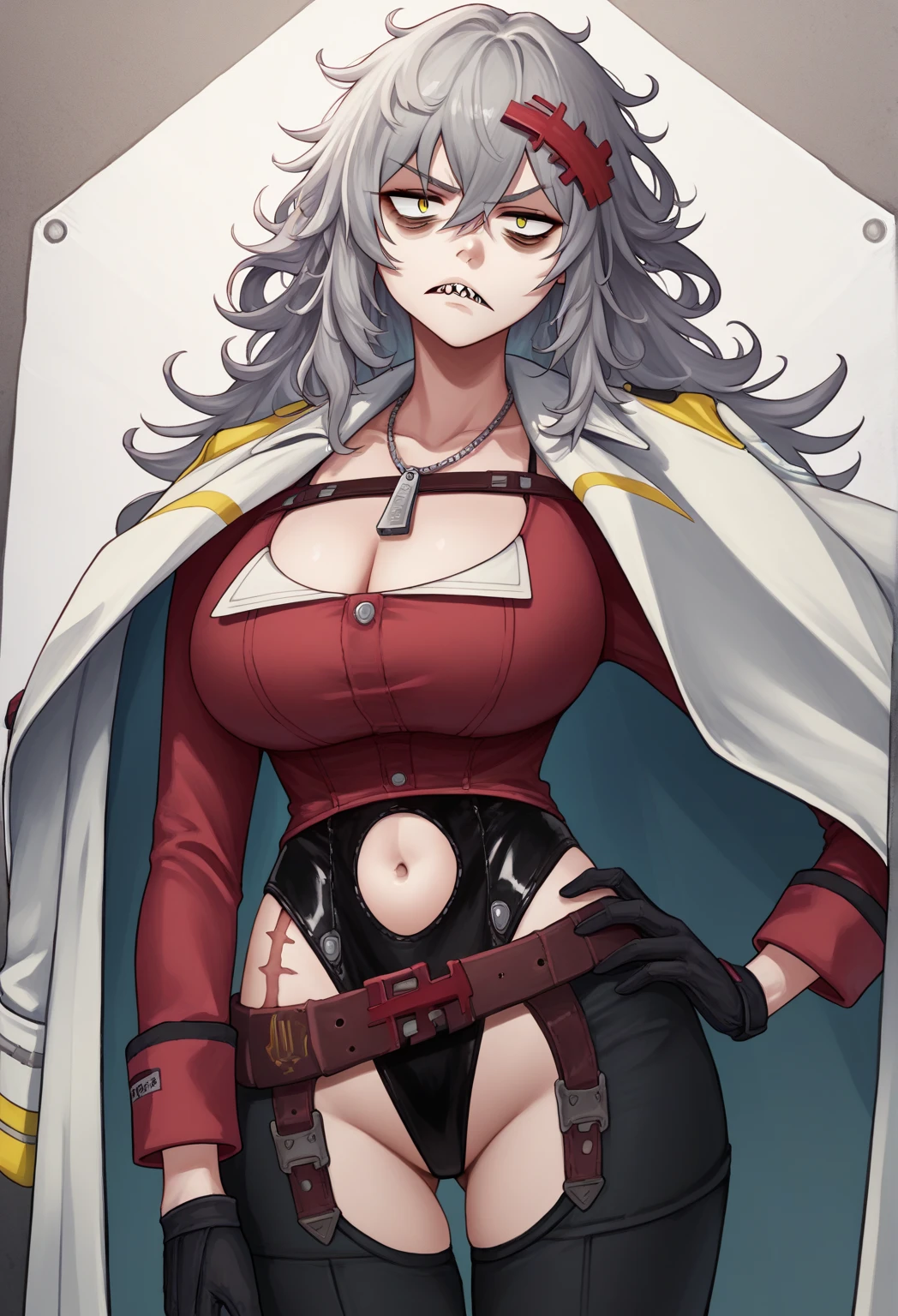 fuuma kotaro, red eyes, face mark, body mark, long hair, grey hair, muscular female, abs, santa dress, old woman, 48 years old, wrinkled face