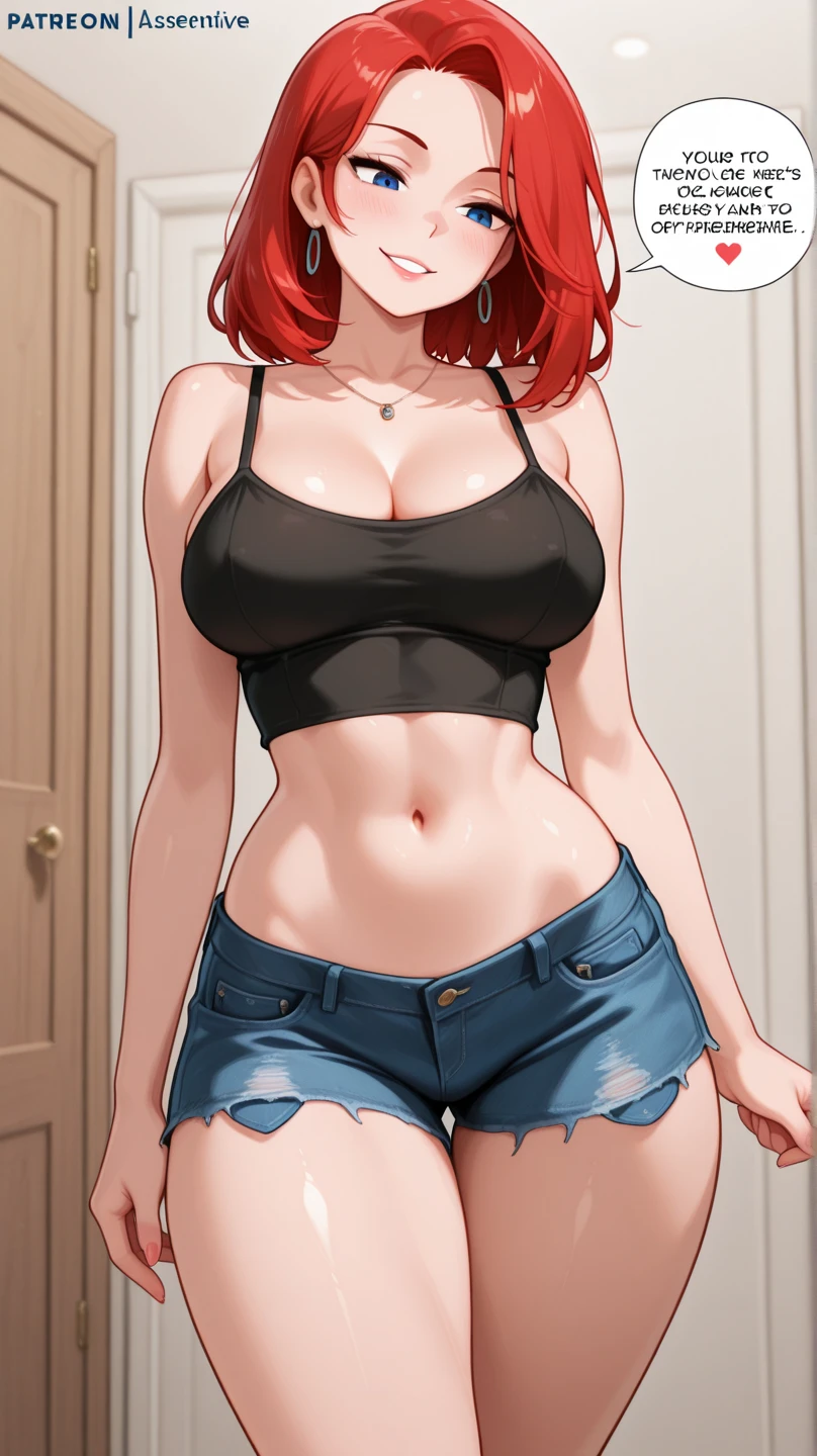 Light skin, bob cut, cleavage, tied shirt, midriff, flashing red panties, short skirt, stockings, green eyes, red hair, freckles, large breasts, blank background