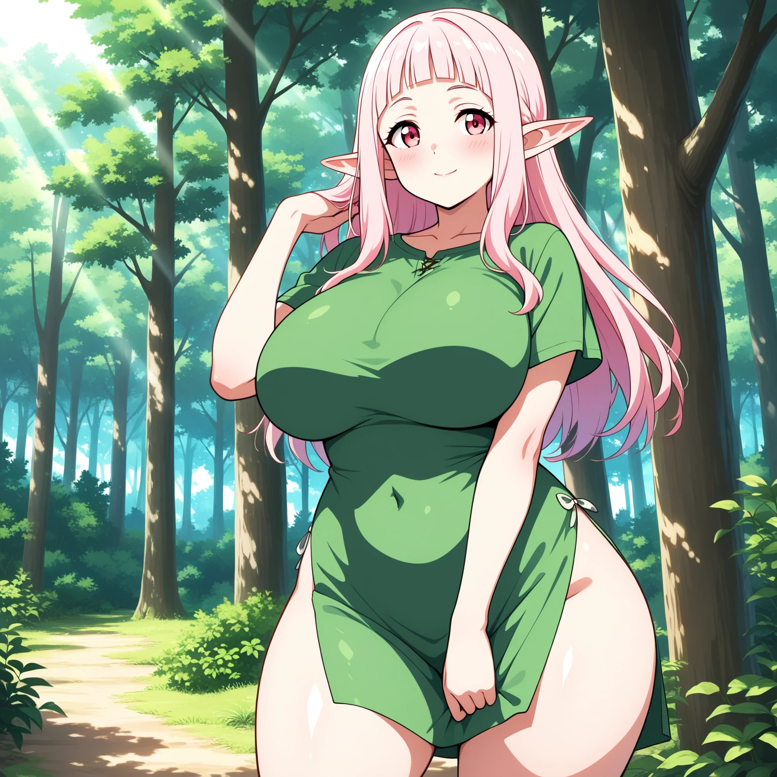 masterpiece, best quality, high quality, beautiful anime character, solo, anime girl with green hair, long hair, elf ears, purple eyes, big breasts, mature female, big girl, thick, light smile, outdoors, almost full body, (grey turtleneck sweater), dark pleated skirt, white thighhighs, (flower on head),