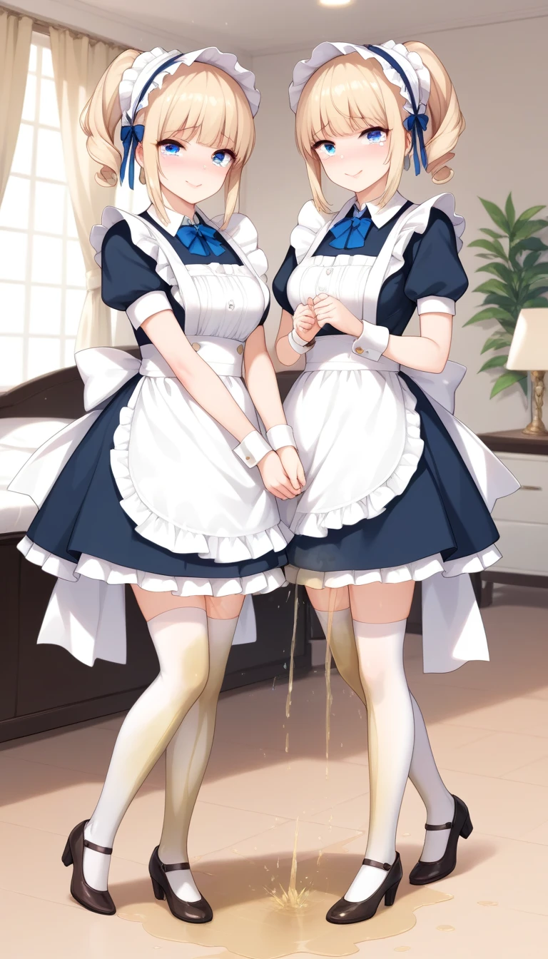 highest quality、masterpiece、((2 girls))、((smile))、(blush:1.3)、Black Shirt、blouse、((fun!!))、(Small breasts)、(single braid)、(Blonde)、()、((White apron:1.5))、((Maid))、((hair ornaments)),、Kamimei、look at me、 ((in house:1.5))、 Taking a break from watching the audience、Cowboy Shot、(skirt lift:1.3),(Highly detailed white panties:1.3)、(Highly detailed panties:1.3)、、(スカート that rolls up:1.3)、(Panties fully exposed:1.5)、Light blue eyes、
