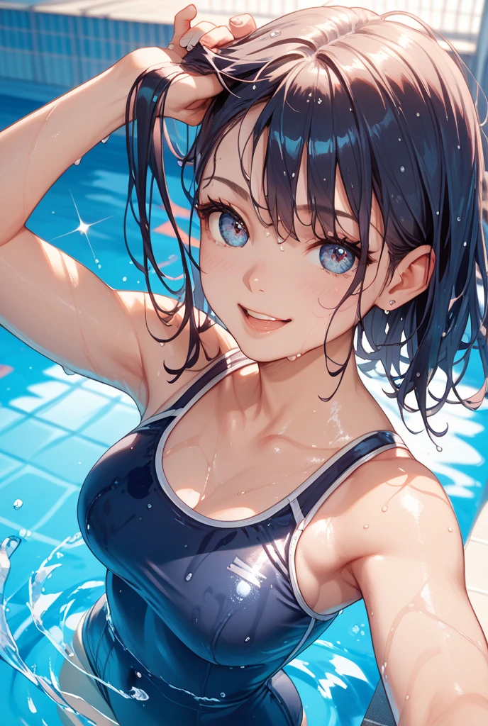 best quality, masterpiece, ultra high res, (photorealistic:1.4), RAW photo, Intricate details, Big beautiful eyes, Perfect contours, masterpiece, One girl, Shortcuts, Medium chest, Olympic Swimmer, (one piece, turtleneck,No sleeve), Transparent and clear sapphire glass swimsuit, tight high leg swimsuit, ((Shooting from below, looking up:1.2)), Portrait, View your viewers, Outdoor swimming pool, Partially submerged, Wet Skin, Smile, (armpit)