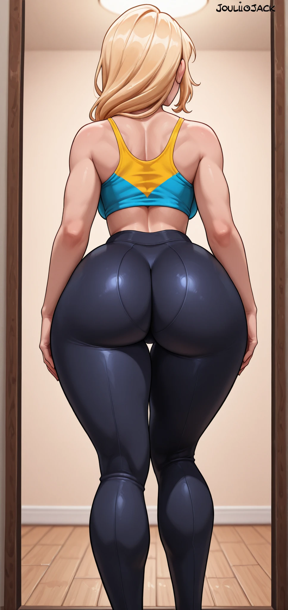 1 woman. Short black hair. Black tank top. Gray pants. Sweat. Perspiration. Steam. Big ass. Big hips. Showing the ass. Crouched. ((View from behind))