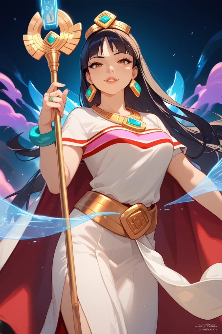 masterpiece, best quality,1girl, Egyptian,dark-skinned female, solo, dark skin, long hair, jewelry, blue eyes, eye of horus, black hair, gem, hood, necklace, upper body, breasts, bracelet, egyptian, armlet, closed mouth, gold, looking away, medium breasts, artist name, dress, looking to the side, hand on own chest, forehead jewel, hand up, white dress, cloak, beads, cape, ring, copyright name, card, collarbone, hood up, chain, very long hair, head tilt, hair tubes, eyelashes, glint, lips
