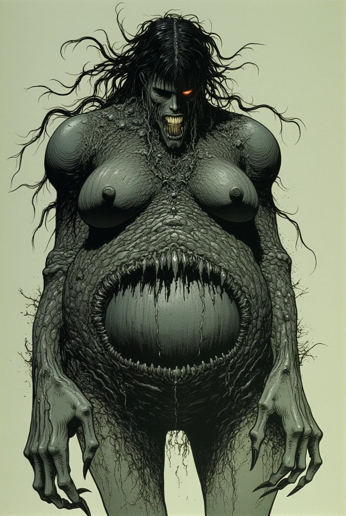skinny pregnant woman, uncomfortable with her belly too heavy for her weak, frail body, stretch marks, pregnant with worms