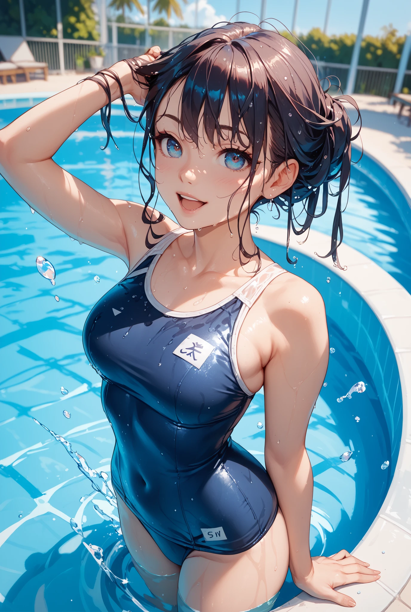 ((masterpiece,best quality,ultra detailed,high resolution)),(daytime,clear weather,bloom,front light),swayback stance,looking viewer,((cowboy shot)),((solo)),(beautiful-woman),(black hair,straight hair,medium hair),(beautiful detailed face,beautiful detailed eyes,fair skin),light smile,(competition swimsuit,wet-swimsuit),(cameltoe:1.2),on the pool,(breast lift),