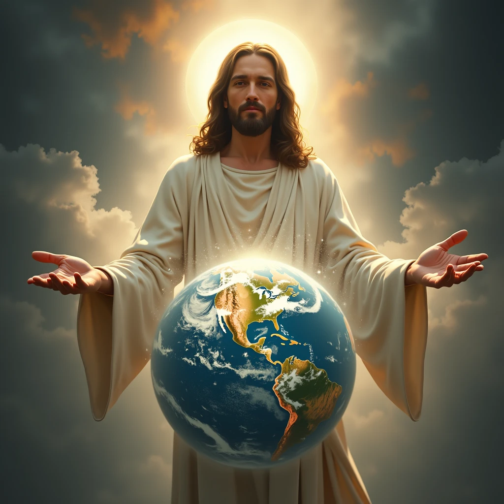 jesus holding the planet earth, masterpiece, best quality, high quality, 8k wallpaper, award-winning photography, HDR, bloom, chromatic aberration, photorealistic, extremely detailed, intricate, high detail, dramatic, art in the middle of the journey, volumetric lighting, art by Artgerm and Ruan Jia and Greg Rutkowski Surreal Painting (masterpiece, side lighting, beautiful finely detailed eyes: 1.2 ), HDR, 8K, God Ray