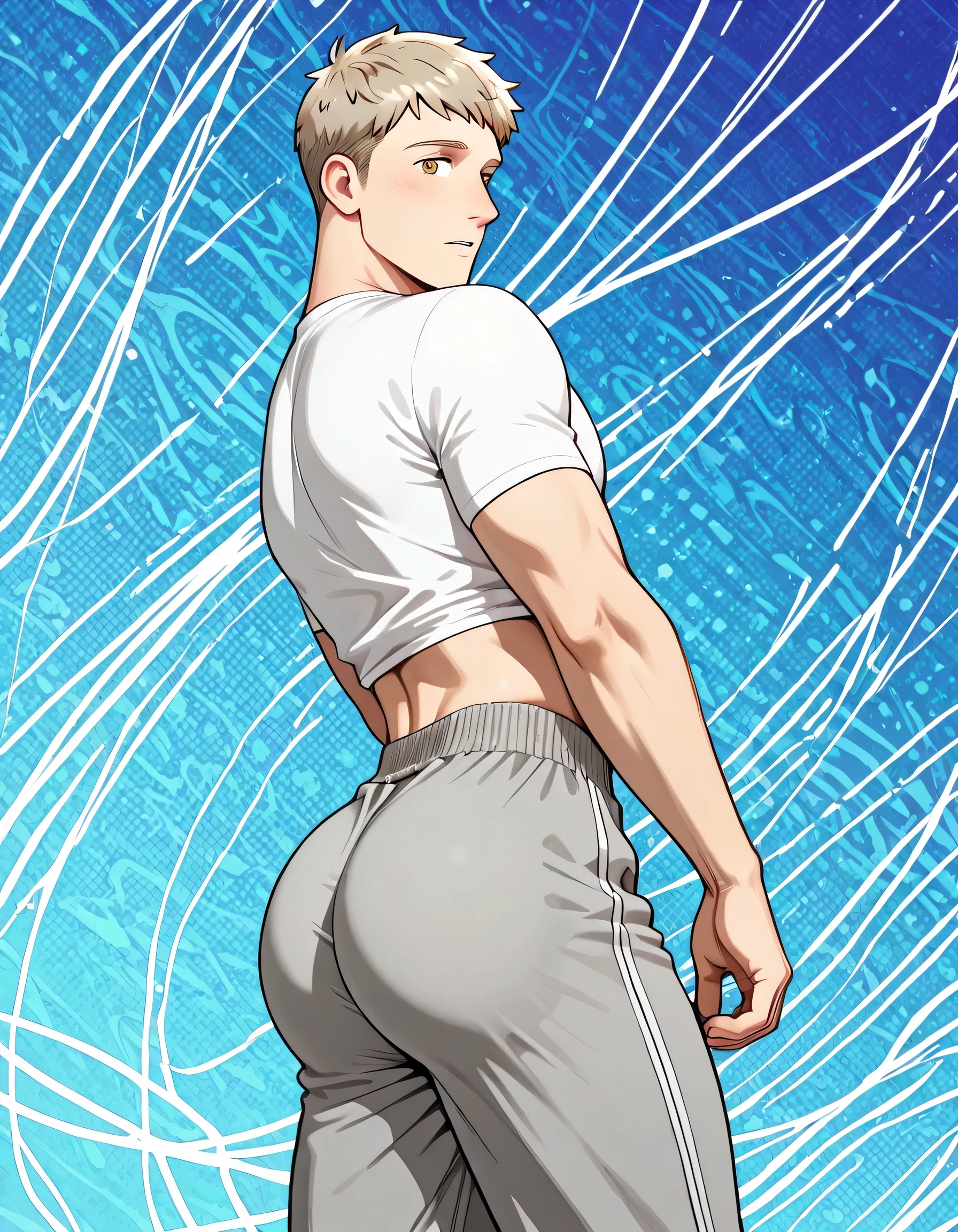 laios touden, 1 man, wearing sweatpants, wearing a crop top shirt, abstract line art digital pop art background, slut, perky butt