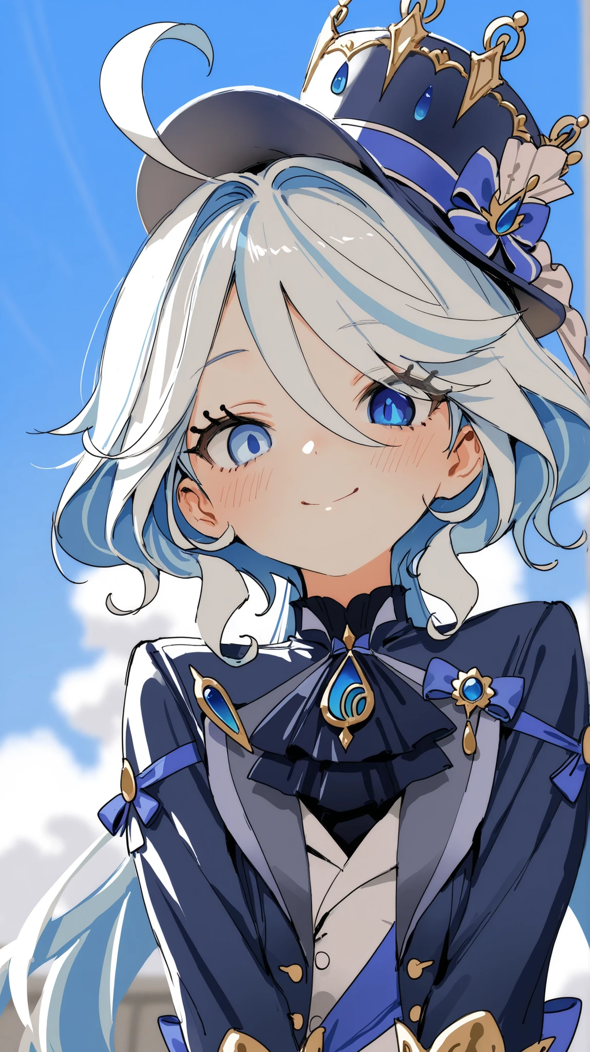 (by narue, by tatsumi \(psmhbpiuczn\),
:1.25), masterpiece, best quality, amazing quality, very aesthetic, 1girl, furina, potrait, close up, details face, {{{best quality}}}, {{ultra-detailed}}, {illustration}, {{an extremely delicate and beautiful}}, solo, looking_at_viewer, smile, blush, from_below, closed_mouth, sky, cloud, looking_down, detailed background, blurry background, depth of field, lighting, sketch, hat, uniform, half_body, hand_sign